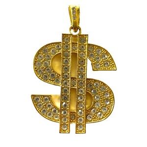 Rhinestone Necklace Pendant Dollar Money Gold Tone Large Statement Bling